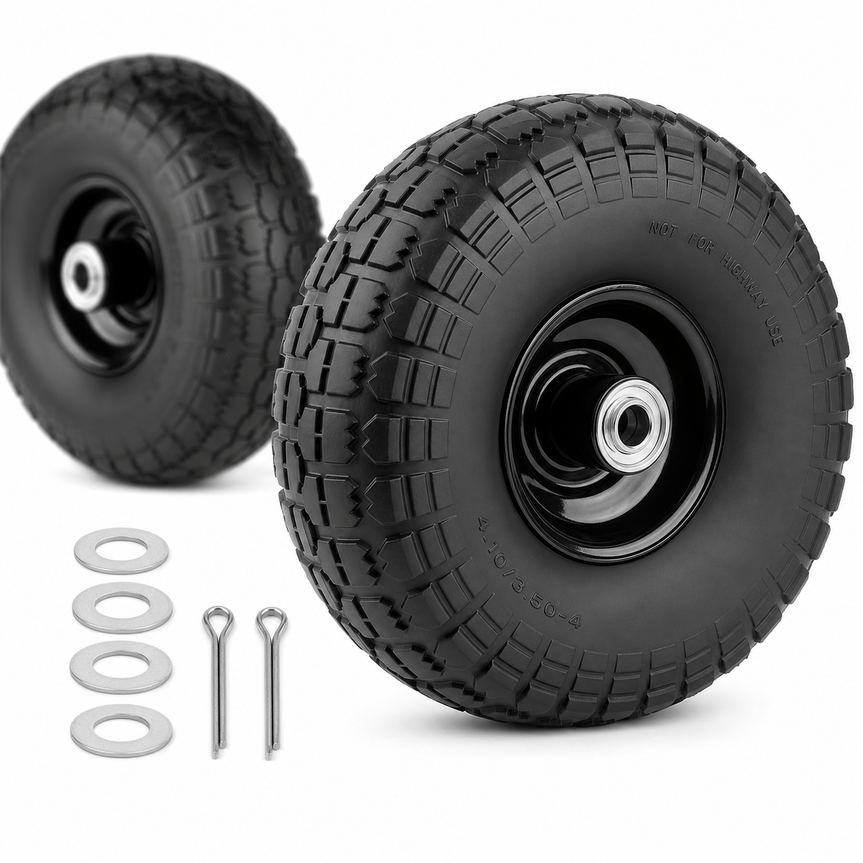 Dkriqie Set of Two 10-Inch Solid Wheelbarrow Tires Rubber Wheels - Replacement Flat-Free Tire Size 3.50-4" with 5/8" Bearings And a 2.2" Offset Hub PU Material (650G)