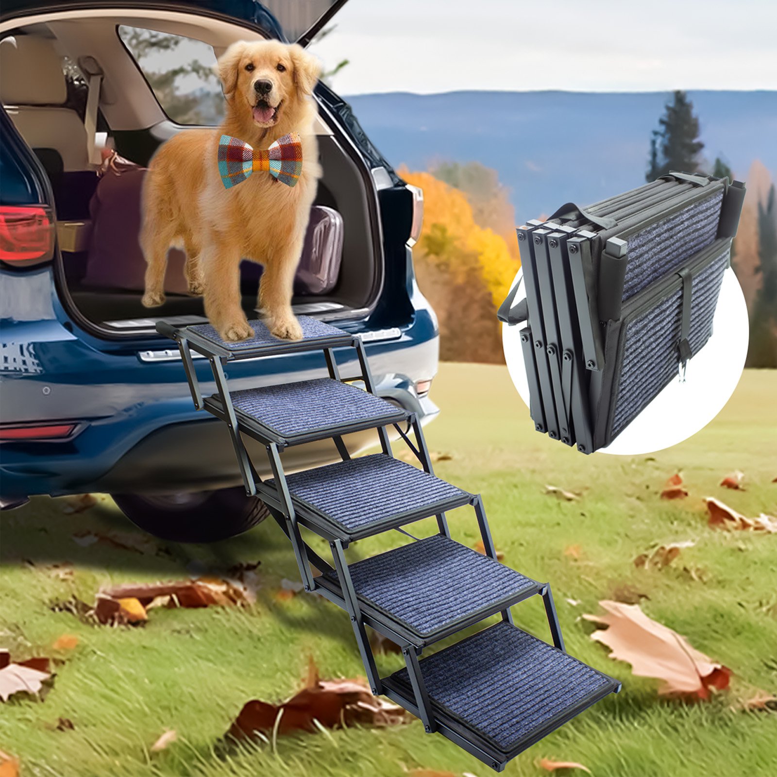 Nanafrog Dog Ramp for Car Truck SUV Dog Stairs for Large Dogs Folding Pet Stairs with Non-Slip Rug Surface Supports Up to 250 lbs (5 Steps)